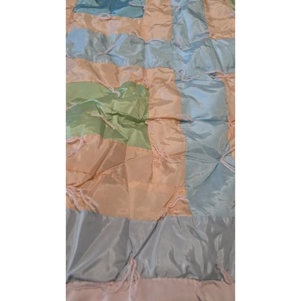 Vintage Handmade Quilt 72x89 Retro Nylon Silky Material Pastel Patchwork Blanket